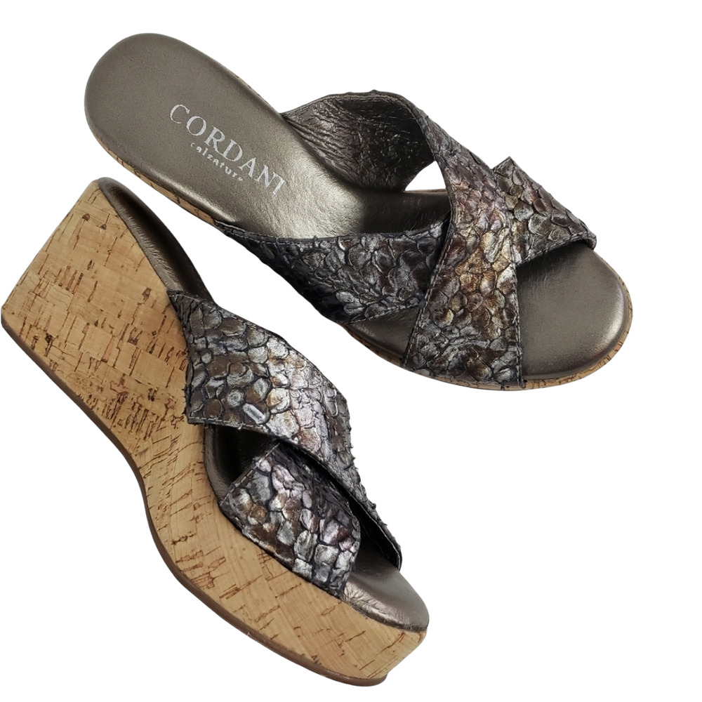 Cordani Jacey Cork Wedge Platform Sandal Silver Snakeskin Metallic 37/6.5M